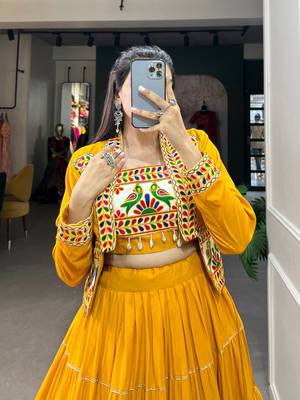 Mustard Yellow Rayon Lehenga Choli with Gota Patti and Multicolor Jacket 4
