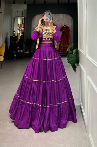 Purple Rayon Lehenga Choli with Gota Patti Work and Embroidered Koti