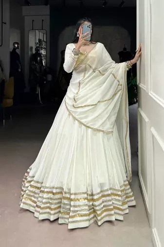 Off-White Rayon Lehenga Choli with Golden Lace FULL STITCH