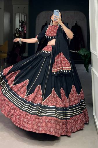 Black Print Mirror Lace Gota Patti Cotton FULL STITCH Lehenga Choli
