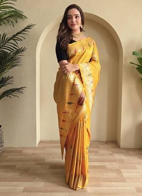 Yellow Banarasi Mashru Satin silk blend Sarees  1