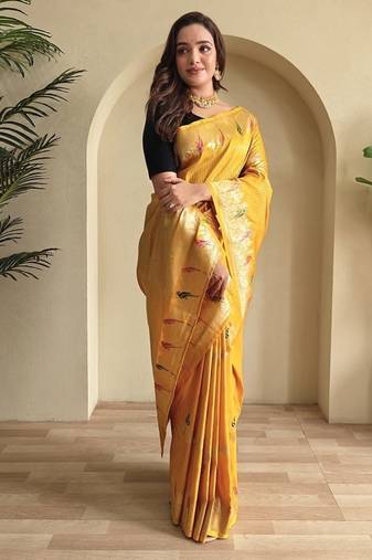 Yellow Banarasi Mashru Satin silk blend Sarees 