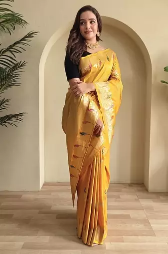 Yellow Banarasi Mashru Satin silk blend Sarees 