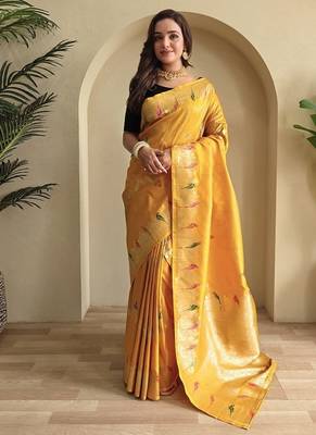 Yellow Banarasi Mashru Satin silk blend Sarees  2
