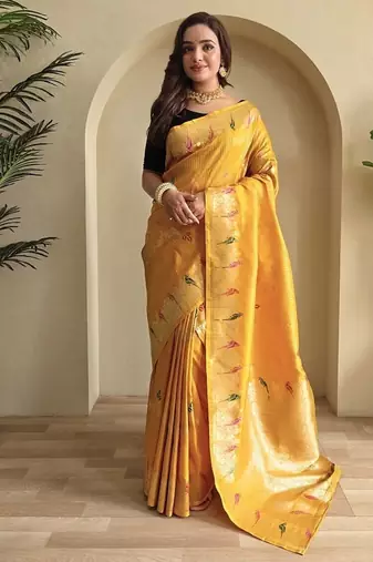 Yellow Banarasi Mashru Satin silk blend Sarees 