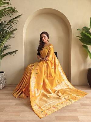 Yellow Banarasi Mashru Satin silk blend Sarees  3