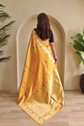 Yellow Banarasi Mashru Satin silk blend Sarees 
