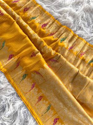 Yellow Banarasi Mashru Satin silk blend Sarees  5