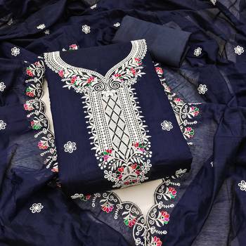 Women's blue heavy thread embroidered chanderi cotton dress material 1