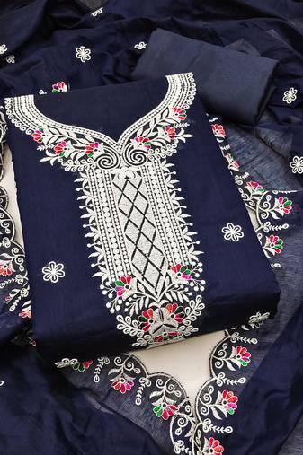 Women's blue unstitched heavy thread embroidered chanderi cotton dress material 