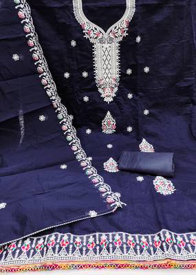 Women's blue heavy thread embroidered chanderi cotton dress material 2