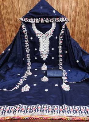 Women's blue heavy thread embroidered chanderi cotton dress material 3