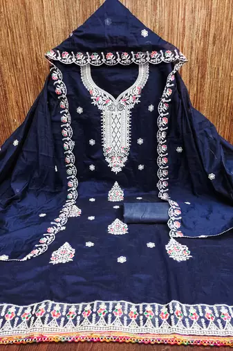 Women's blue heavy thread embroidered chanderi cotton dress material