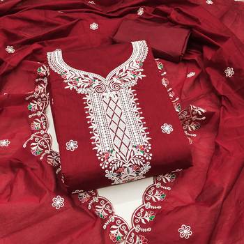 Women's maroon heavy thread embroidered chanderi cotton dress material 1
