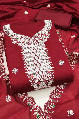 Women's maroon unstitched heavy thread embroidered chanderi cotton dress material 