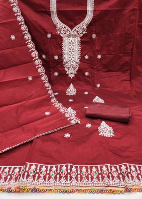Women's maroon heavy thread embroidered chanderi cotton dress material 2