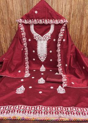 Women's maroon heavy thread embroidered chanderi cotton dress material 3