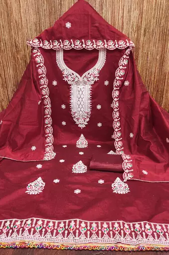 Women's maroon heavy thread embroidered chanderi cotton dress material