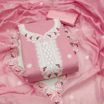 Women's pink heavy thread embroidered chanderi cotton dress material 1