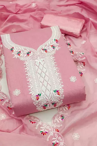 Women's pink unstitched heavy thread embroidered chanderi cotton dress material 