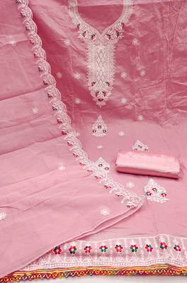 Women's pink heavy thread embroidered chanderi cotton dress material 2