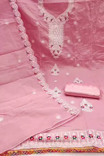 Women's pink heavy thread embroidered chanderi cotton dress material