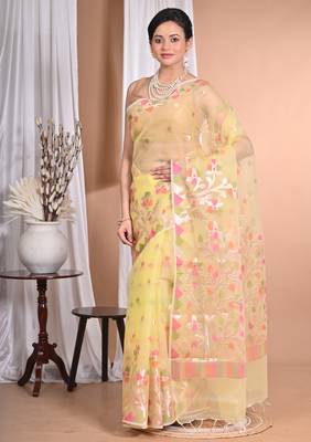 yellow jamdani organza saree with blouse piece 1