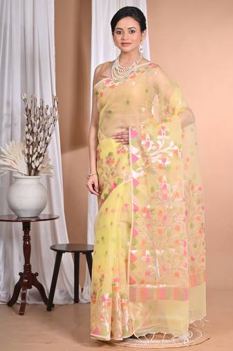 yellow jamdani organza saree with blouse piece