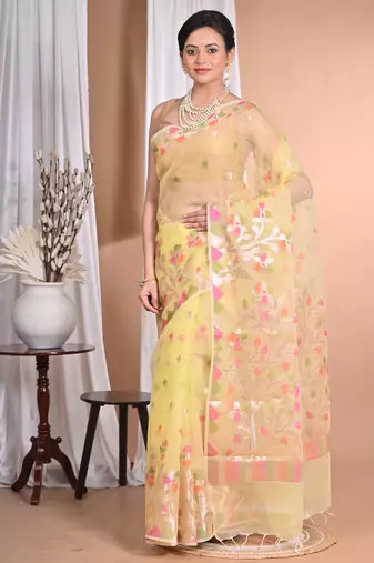 yellow jamdani organza saree with blouse piece