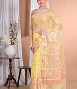 yellow jamdani organza saree with blouse piece