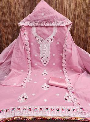 Women's pink heavy thread embroidered chanderi cotton dress material 3