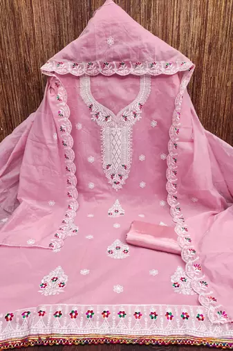 Women's pink heavy thread embroidered chanderi cotton dress material