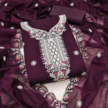 Women's purple heavy thread embroidered chanderi cotton dress material 1