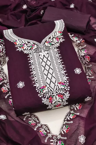Women's purple unstitched heavy thread embroidered chanderi cotton dress material 