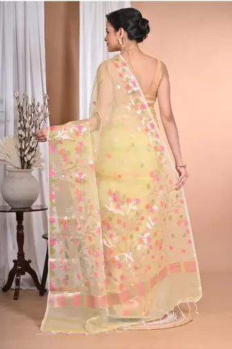 yellow jamdani organza saree with blouse piece