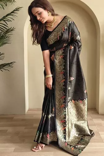 Black Banarasi Mashru Satin silk blend Sarees 