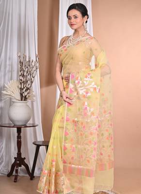 yellow jamdani organza saree with blouse piece 3