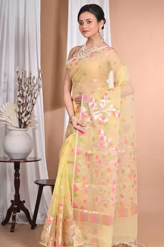 yellow jamdani organza saree with blouse piece