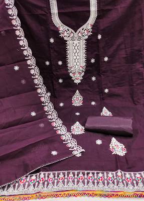 Women's purple heavy thread embroidered chanderi cotton dress material 2