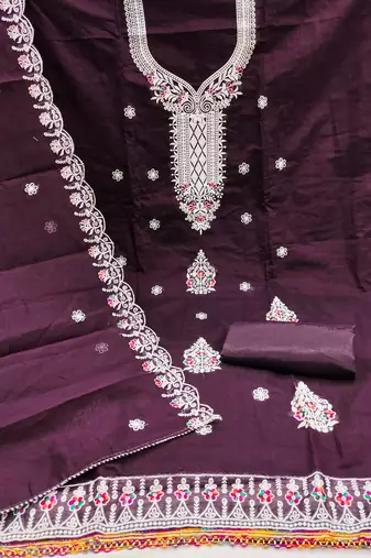 Women's purple heavy thread embroidered chanderi cotton dress material