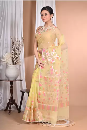 yellow jamdani organza saree with blouse piece