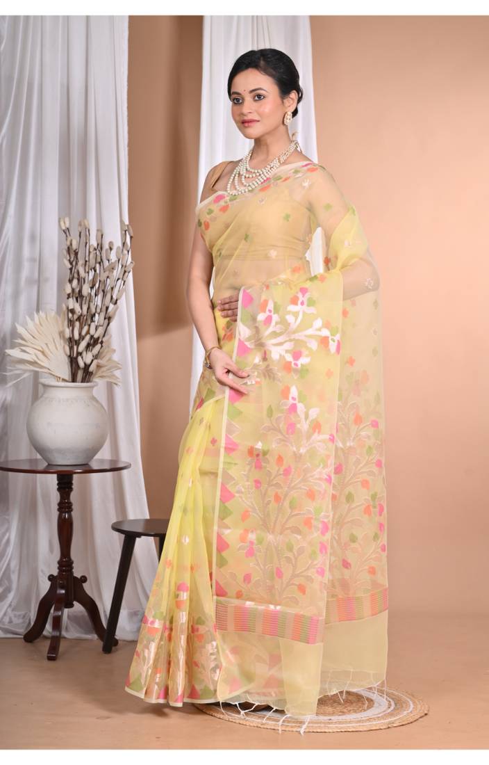 yellow jamdani organza saree with blouse piece