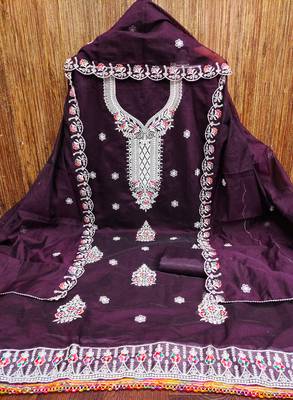 Women's purple heavy thread embroidered chanderi cotton dress material 3
