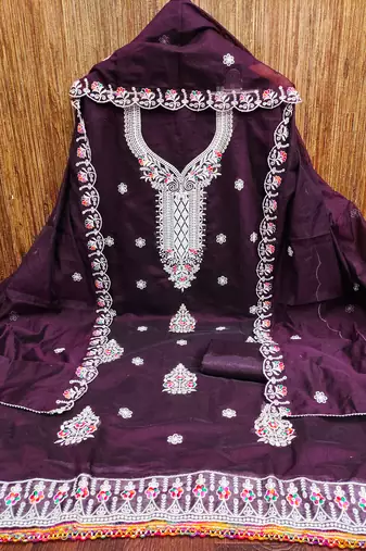 Women's purple heavy thread embroidered chanderi cotton dress material