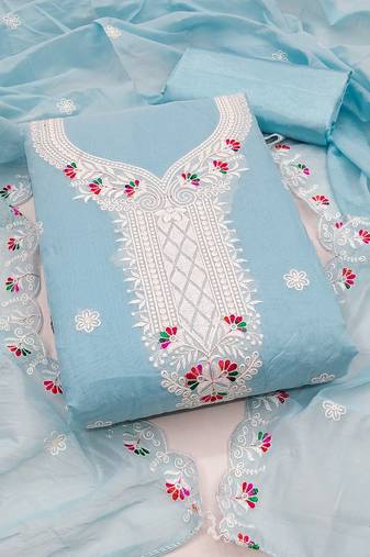 Women's sky blue unstitched heavy thread embroidered chanderi cotton dress material 