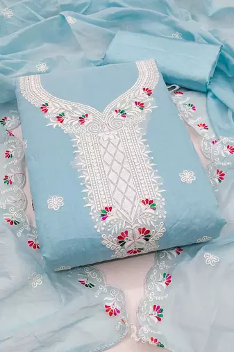 Women's sky blue unstitched heavy thread embroidered chanderi cotton dress material 
