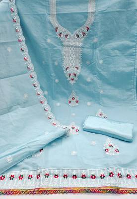 Women's sky blue heavy thread embroidered chanderi cotton dress material 2