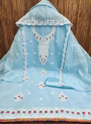 Women's sky blue heavy thread embroidered chanderi cotton dress material 3