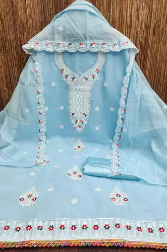 Women's sky blue heavy thread embroidered chanderi cotton dress material