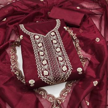Women's maroon heavy thread embroidered twill net dress material 1